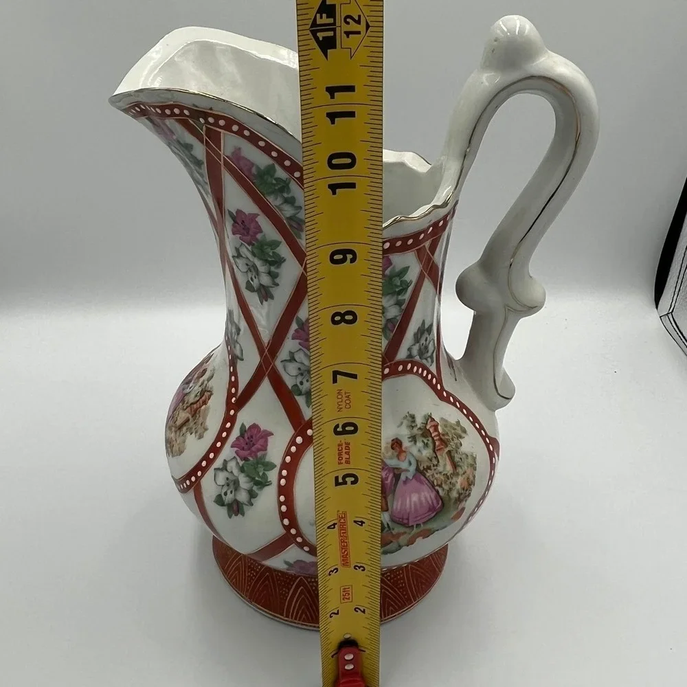 Limoges China Pitcher and Basin Set Large White Red Gold NWOT Courting‎ Couple